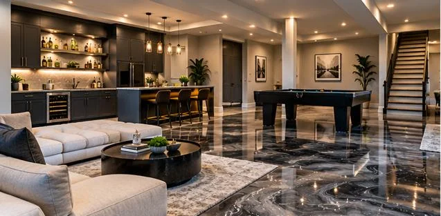Basement entertainment room with epoxy floor