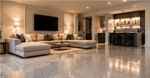 Epoxy floor in a finished basement living area