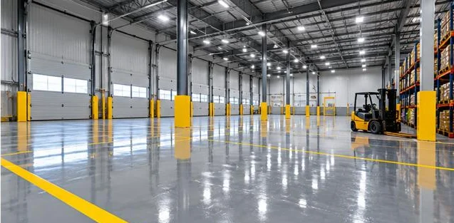 Warehouse with epoxy floor and forklift