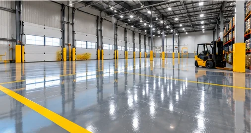 Epoxy floor in an industrial warehouse with safety markings