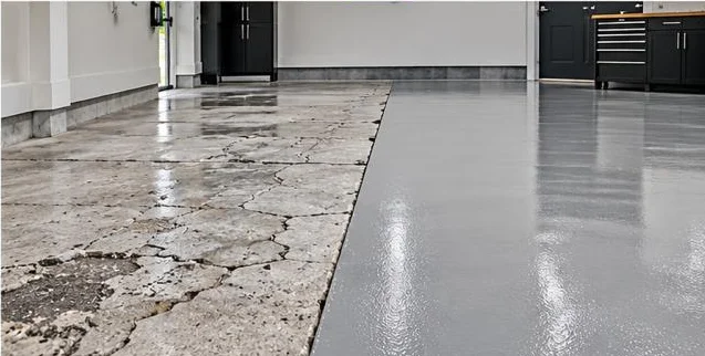 Cracked concrete beside a smooth coated floor
