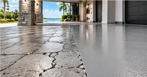 Cracked concrete before and after a smooth coating