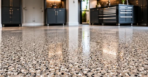 Decorative flake epoxy floor close-up