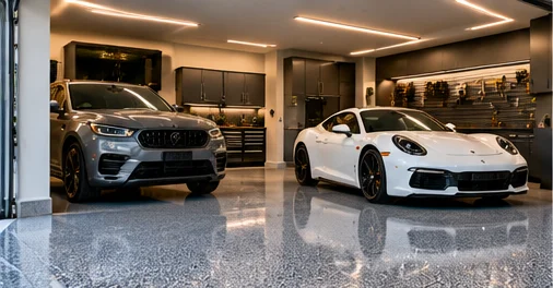Glossy epoxy garage floor with parked cars