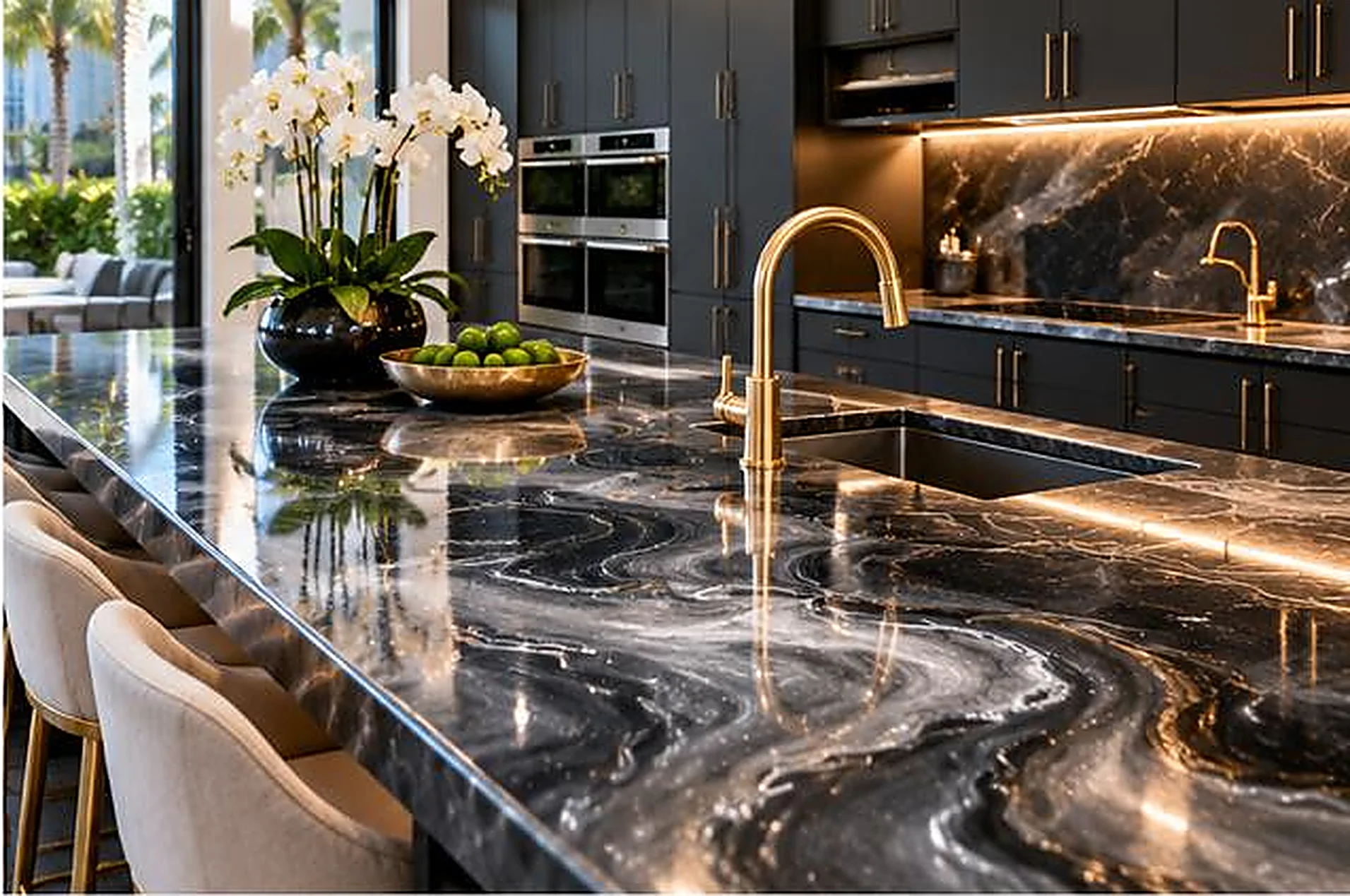 Kitchen with black marble waterfall island and polished floor