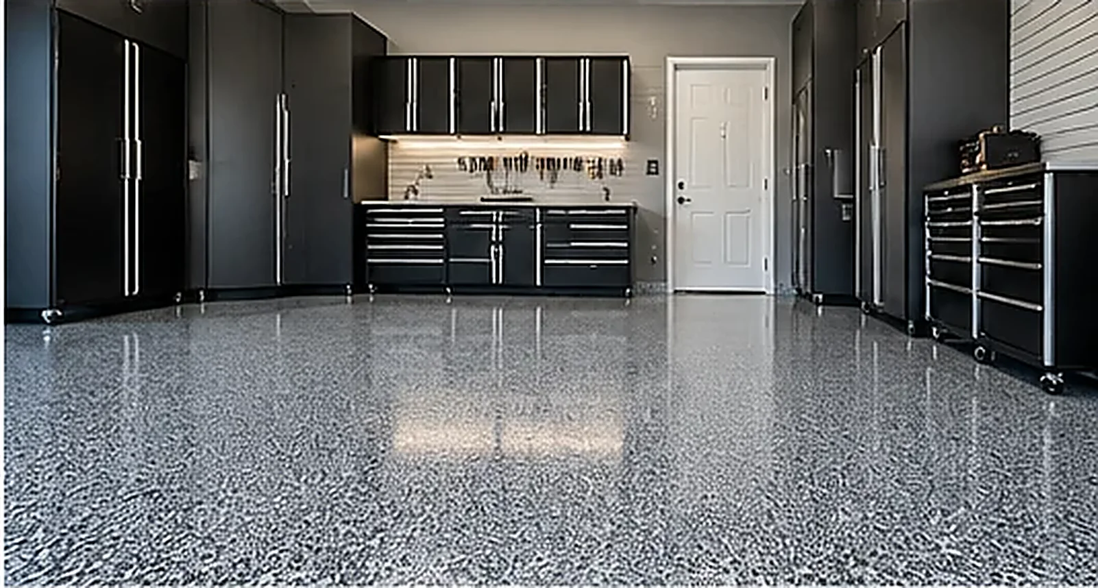 High-gloss flake epoxy floor in a garage workshop