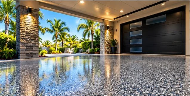 Glossy polyaspartic driveway into a garage